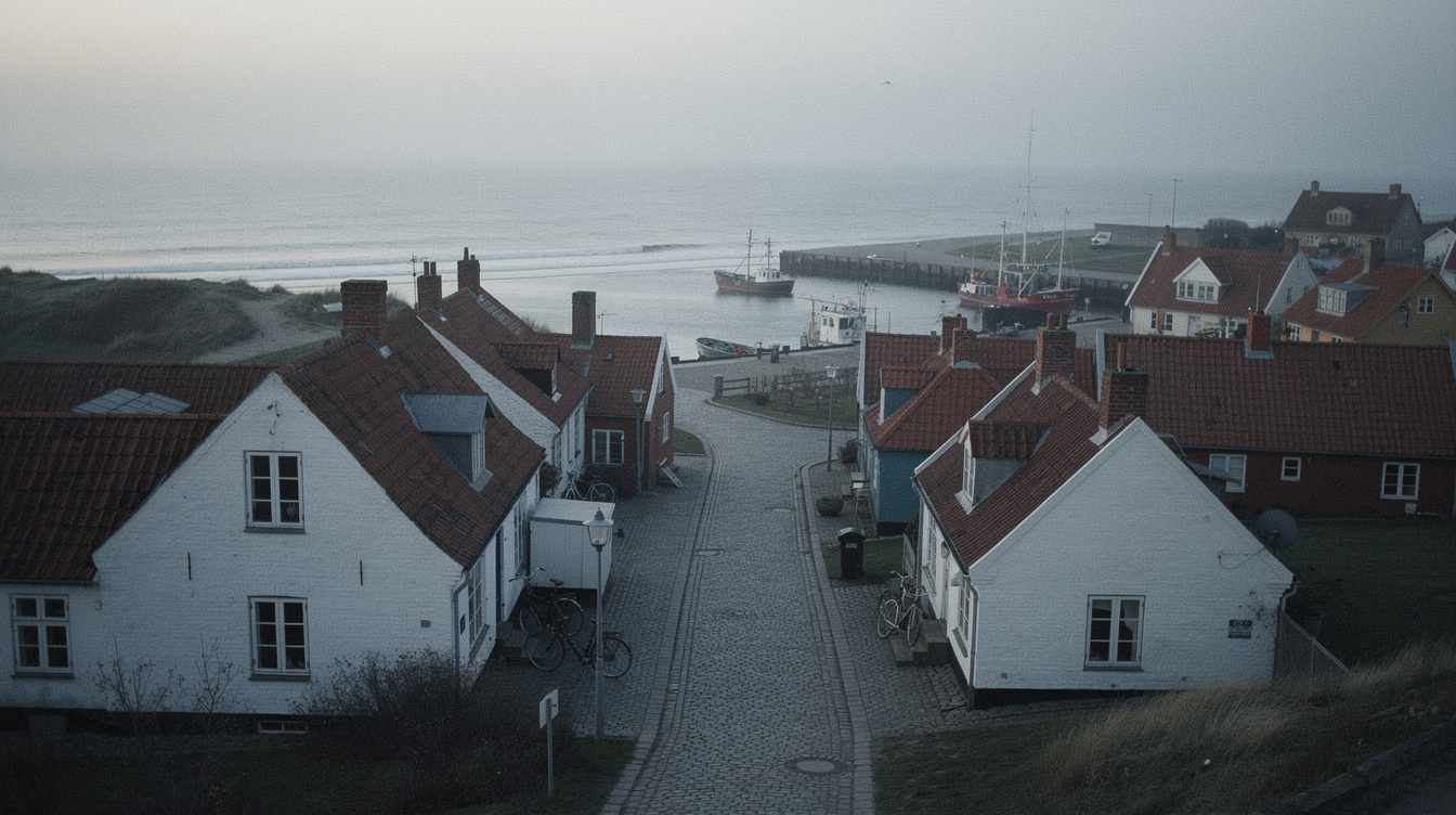 Aerial view of a small coastal town in Denmark