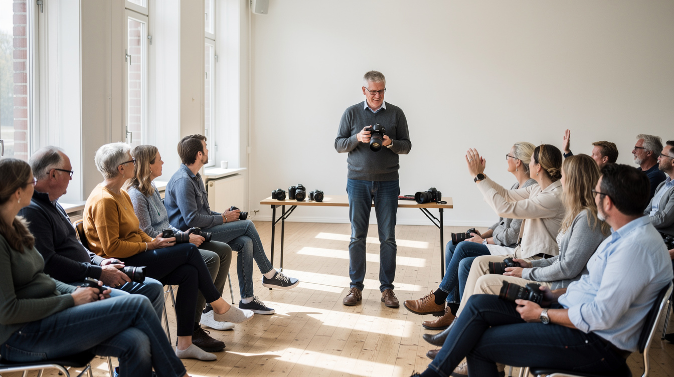 Group workshop teaching documentary photography to community members