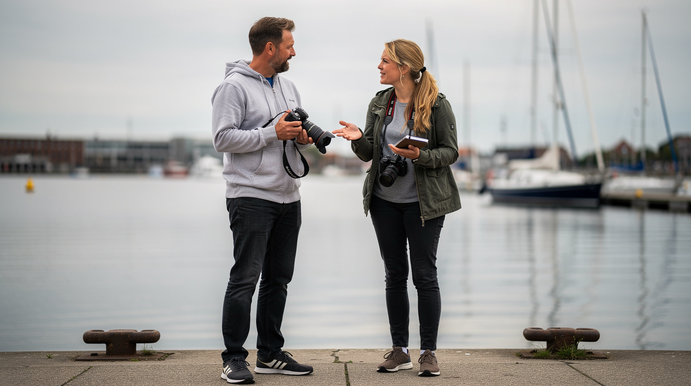Photography team collaborating outdoors with cameras